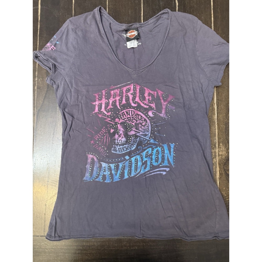 Harley Davidson Womens XL Skull Rhinestone V Neck T Shirt Roswell NM Biker